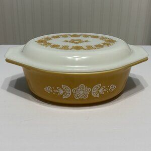 Vintage 70s Pyrex Butterfly Gold 1-1/2 Qt Oval Casserole Dish with lid 043/943